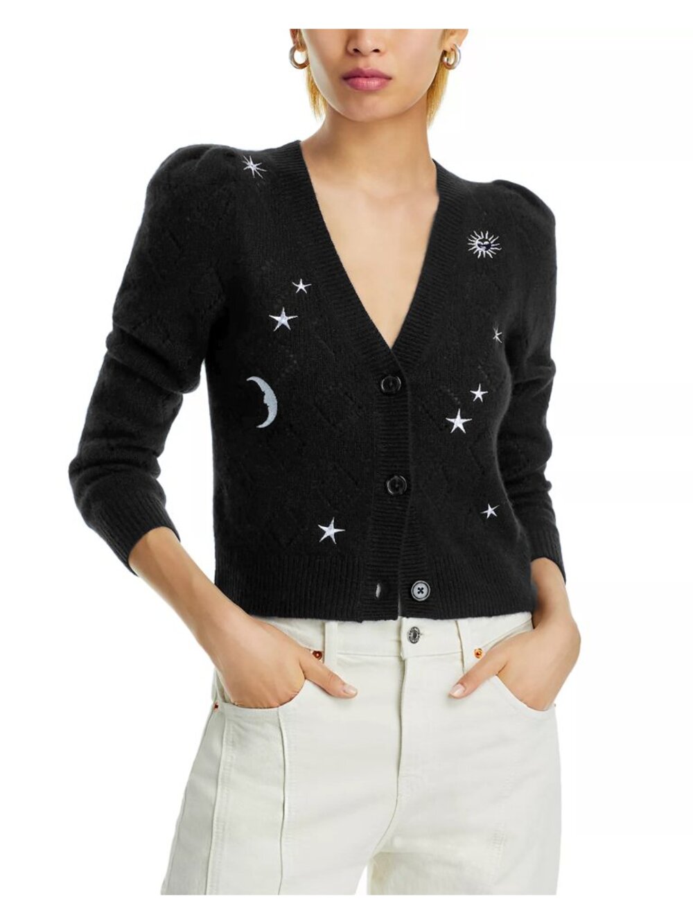 BLOOMINGDALES AQUA Black Cashmere Celestial Embroidered Knit Sweater Cardigan XS